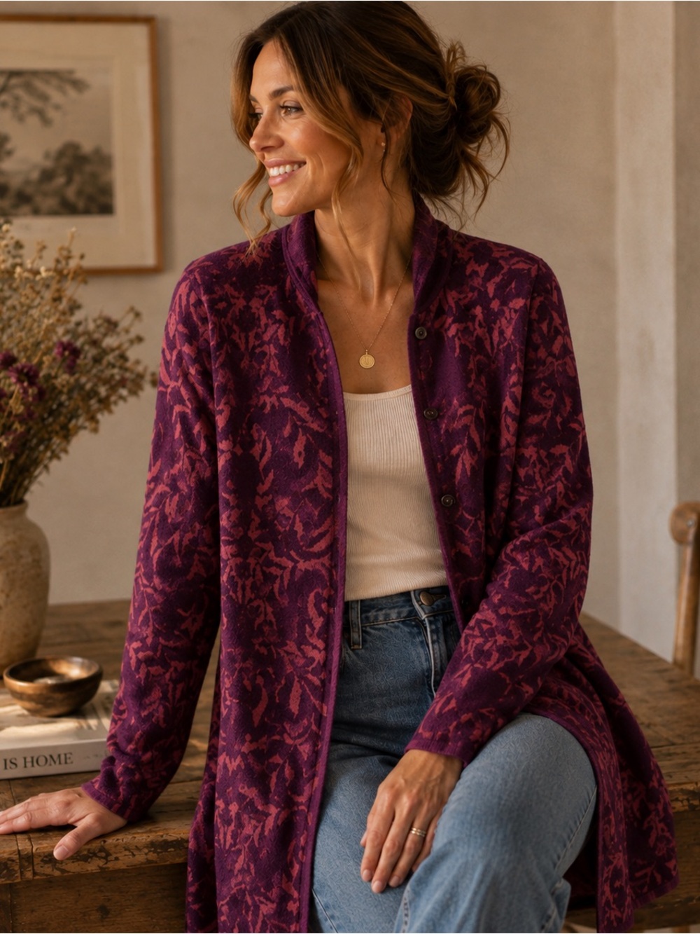 Sundance Merino Wool Cardigan PM Purple Pink Long Boho Duster Sweater button up